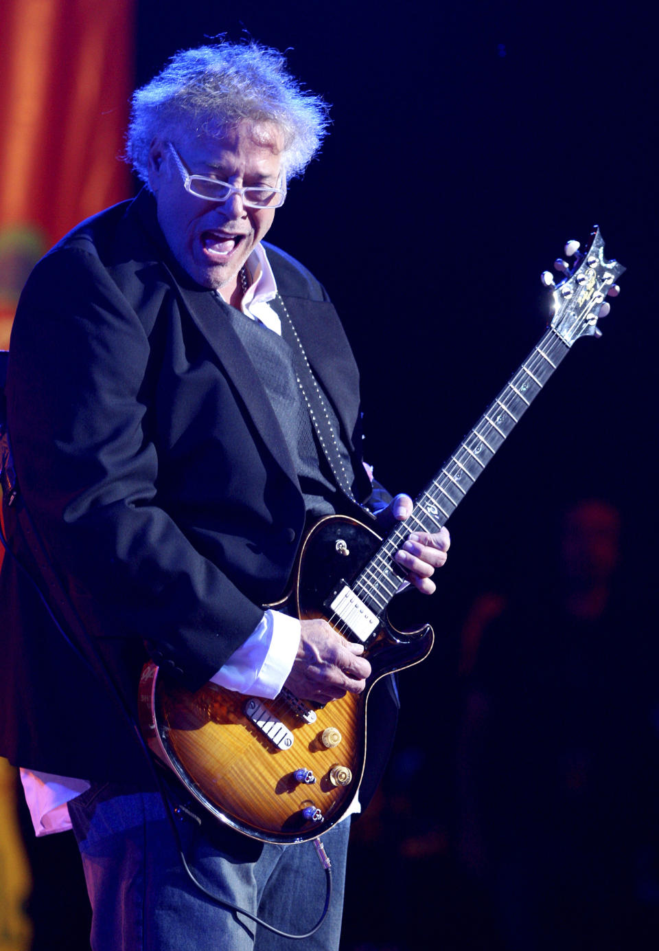 FILE - In this Aug. 15, 2009, file photo, Leslie West of Mountain performs during the Heroes of Woodstock concert at Bethel Woods Center for the Arts in Bethel, N.Y., marking the 40th anniversary of the original 1969 Woodstock concert. West, an iconic guitarist-vocalist who was behind several 70s rock anthems including “Mississippi Queen” with the popular band Mountain, died Wednesday, Dec. 23, 2020, in Palm Coast, Fla. He was 75. (AP Photo/Craig Ruttle, File)