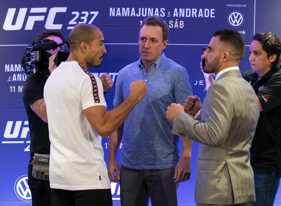 UFC featherweight fighters Jose Aldo (L) of Brazil and Alexander Volkanovski of Australia face off during Ultimate Media Day on May 09, 2019 in Rio de Janeiro, Brazil.