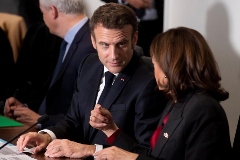 France’s president Emmanuel Macron meets with vice president Kamala Harris at the National Aeronautics and Space Administration (Nasa) headquarters, to highlight space cooperation between France and the US, in Washington, DC, 30 November 2022 (EPA)