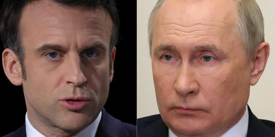 A composite image of French President Emmanuel Macron (L) and Russian President Vladimir Putin (R.)