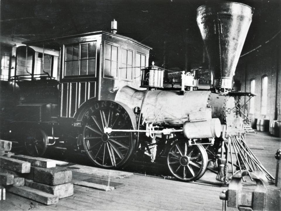 This picture of the Pioneer shows it been put into storage at the Cumberland Valley Railroad's roundhouse in Chambersburg during the 1890s. The steam engine is on display at the B&O Railroad
Museum in Baltimore.