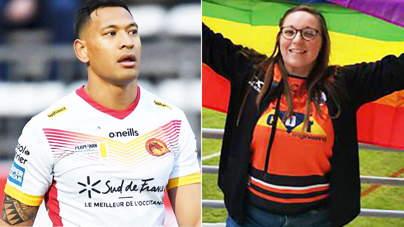 Pictured on the right, a fan holds a rainbow flag in protest of Israel Folau's beliefs.