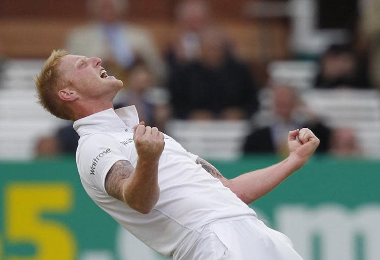 England's Ben Stokes celebrates taking the wicket of New Zealand's Mark Craig during play on the fifth day of the first Test at Lord's cricket ground on May 25, 2015