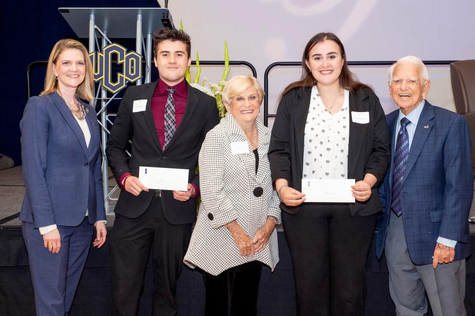 The University of Central Oklahoma Foundation recently honored George Nigh, former UCO president and Oklahoma governor, and his wife Donna, with the newly established George and Donna Nigh Scholarship at the 29th annual Presidential Partners Luncheon. Pictured, from left to right, are Patti Neuhold-Ravikumar, UCO president; Zain Whitlock, a freshman political science major from Choctaw; Donna Nigh; Marina Jones, a senior political science major from Newalla; and, George Nigh.