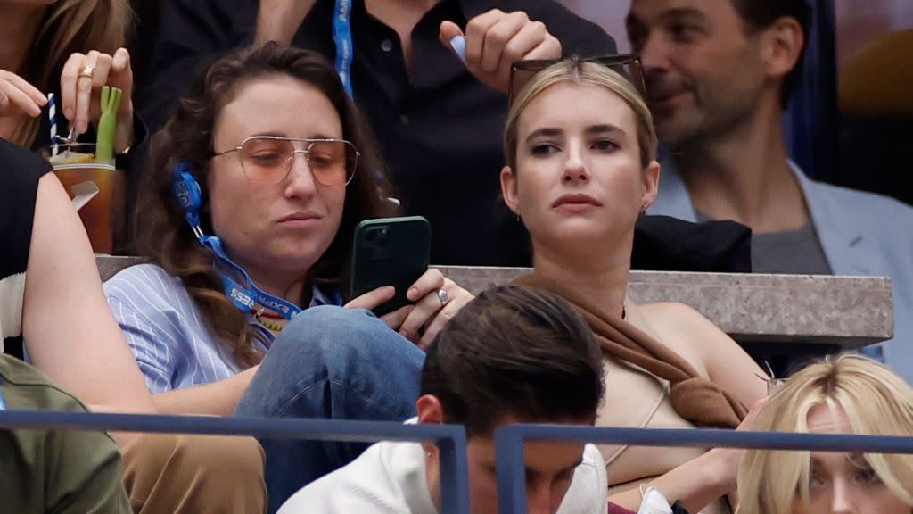 new york, new york september 10 american actress emma roberts looks on during the mens singles final match between novak djokovic of serbia and daniil medvedev of russia on day fourteen of the 2023 us open at the usta billie jean king national tennis center on september 10, 2023 in the flushing neighborhood of the queens borough of new york city photo by sarah stiergetty images