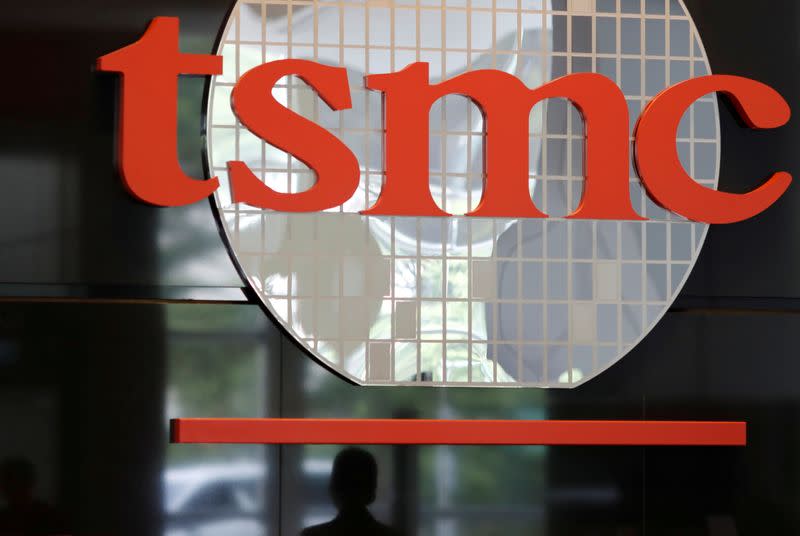 FILE PHOTO: A logo of Taiwan Semiconductor Manufacturing Co (TSMC) is seen at its headquarters in Hsinchu