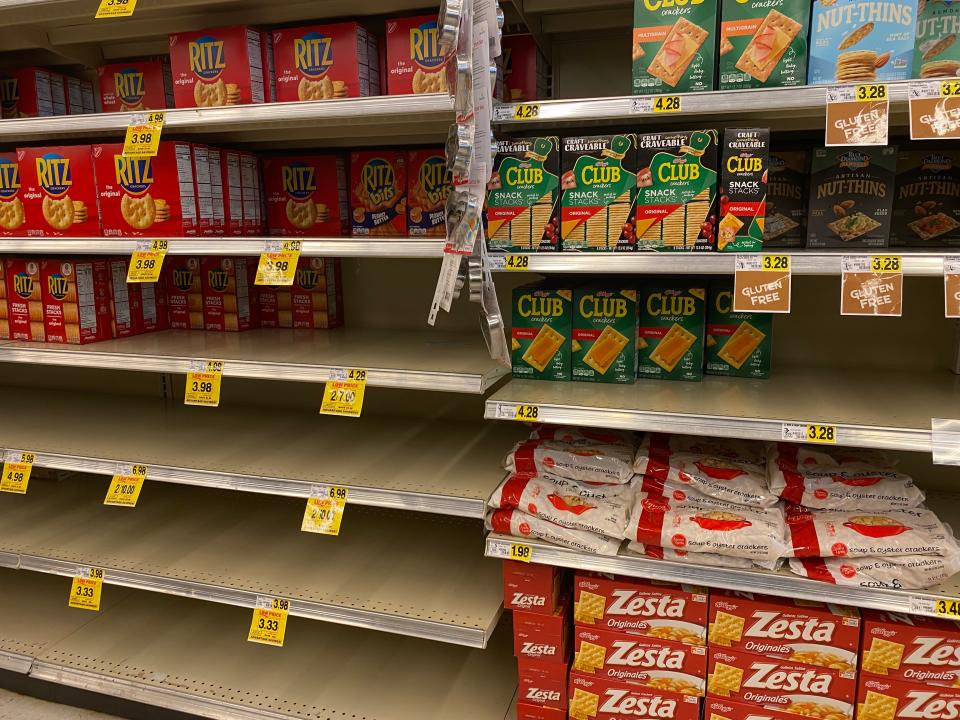 A few empty shelves at Ingles on Warren H. Abernathy Highway in Spartanburg on January 27, 2022.