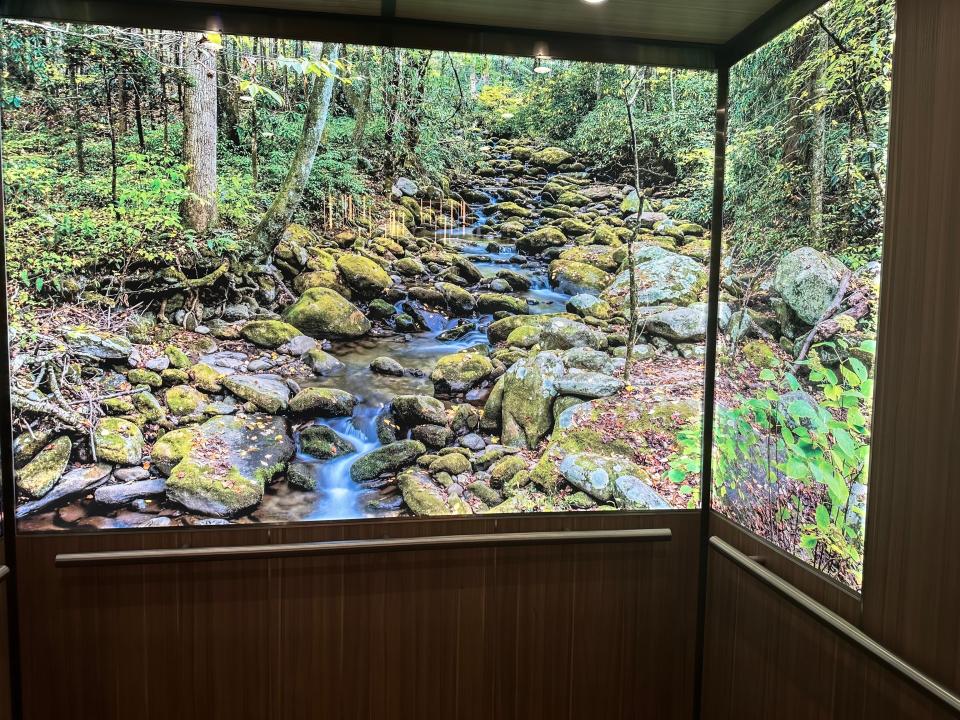 Elevator with images of nature creek projected onto the walls