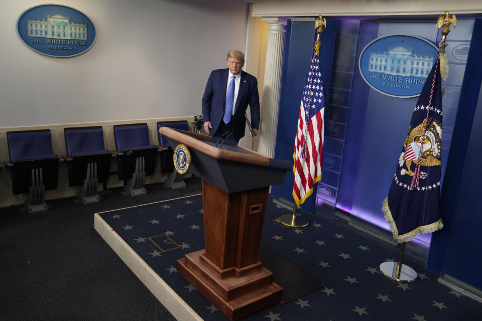 President Donald Trump arrives for a news conference at the White House, Wednesday, July 22, 2020, in Washington. (AP Photo/Evan Vucci)