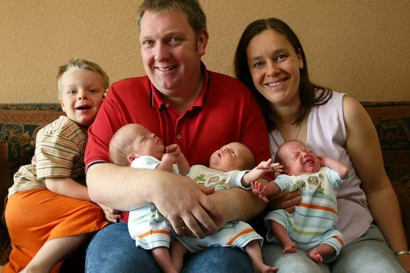 Celina and Adam Nolan with Emil and triplets Oscar, Theo and Isaac on June 29, 2003