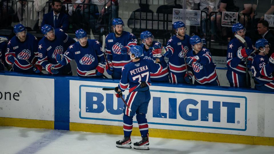 JJ Peterka (77) celebrates his goal against the Utica Comets during the 2022 Calder Cup Playoffs on Saturday, May 14, 2022 at the Adirondack Bank Center in Utica. Peterka would go on to complete his hat-trick to win the game in overtime. The series is now tied 1-1.