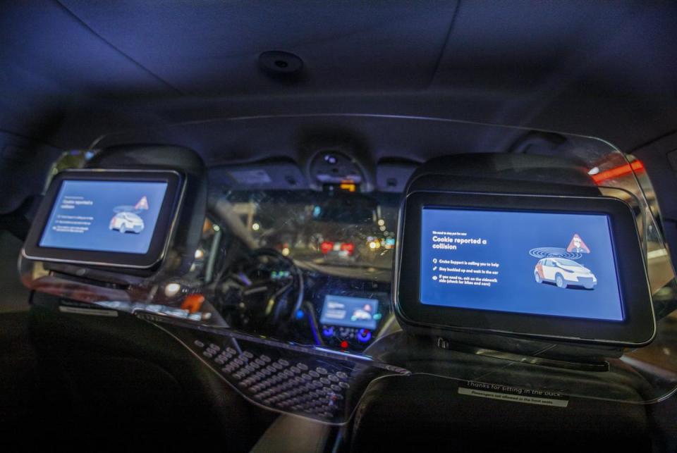 An autonomous Cruise taxi displays an error message about a collision in downtown Austin on Sept. 26, 2023. No collision actually occurred- after stopping for a few moments, the car began driving again. Cruise, a San Francisco-based autonomous car company, is one of several autonomous driving companies that test vehicles in Austin.