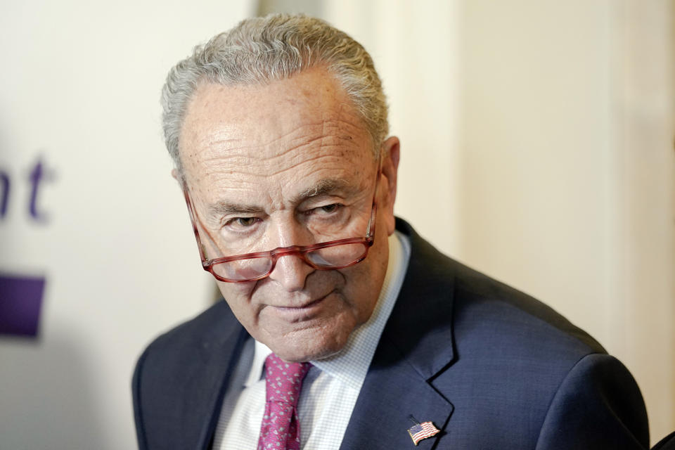 Senate Majority Leader Chuck Schumer, D-N.Y., listens during a news conference On Capitol Hill Wednesday, Nov. 1, 2023, in Washington. (AP Photo/Mariam Zuhaib)