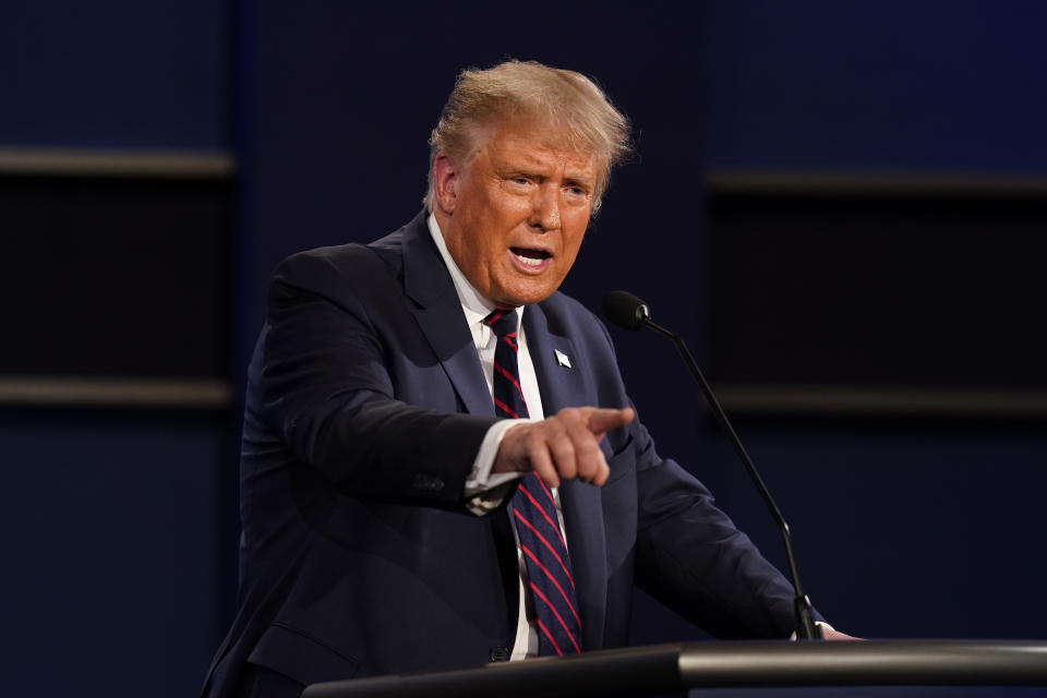 President Donald Trump gestures while speaking during the first presidential debate Tuesday, Sept. 29, 2020, at Case Western University and Cleveland Clinic, in Cleveland, Ohio. (AP Photo/Patrick Semansky)