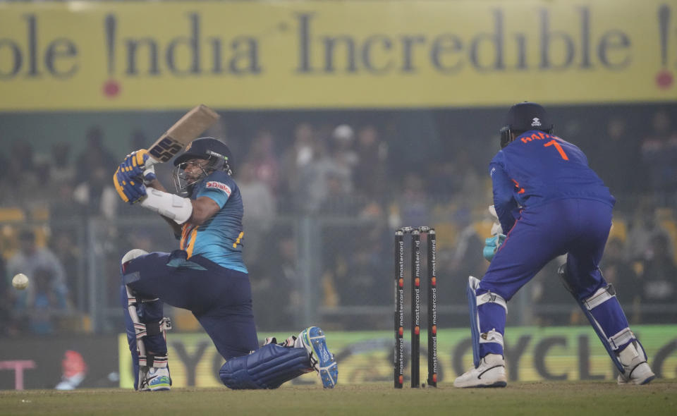 Sri Lanka's captain Dasun Shanaka plays a shotduring the first one-day international cricket match between India and Sri Lanka in Guwahati, India, Tuesday, Jan. 10, 2023.(AP Photo/Anupam Nath)