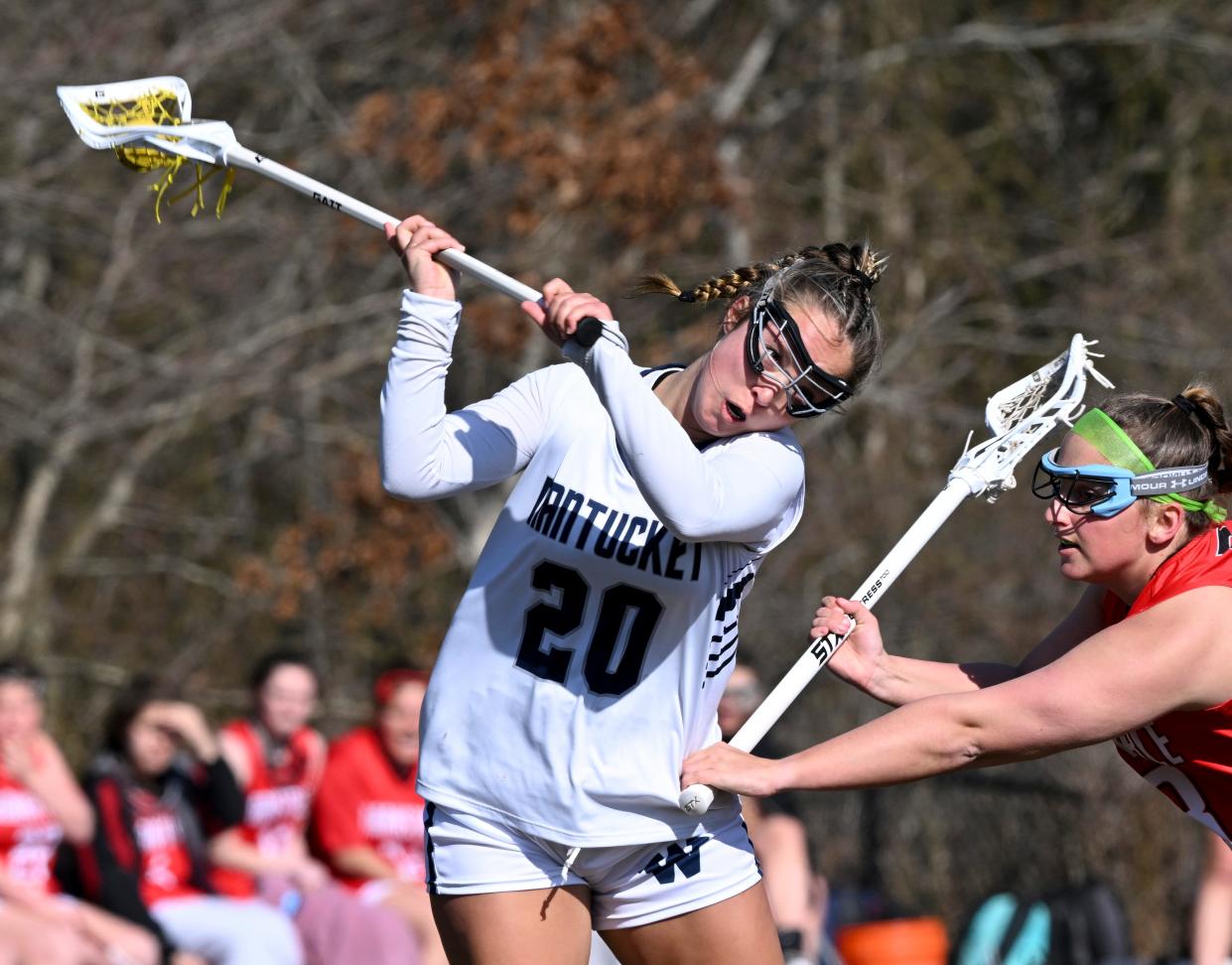 Cydney Mosscrop of Nantucket puts a shot on the Barnstable goal past Dierdre Mullin.