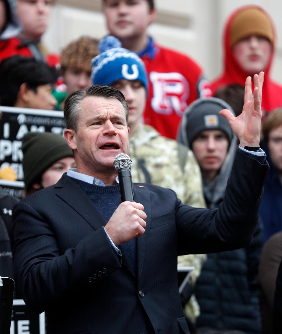 U.S. Sen. Todd Young speaks during the Indiana March for Life event, Monday, Jan. 24, 2022, at the Indiana Statehouse in Indianapolis.