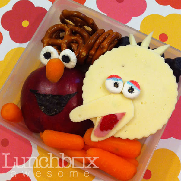 The Sesame Street characters Big Bird and Elmo appeared in a lunchbox surrounded by blueberries, carrots and pretzels.<br><br>Photo: Heather Sitarzewski