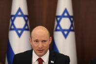 Israeli Prime Minister Naftali Bennett attends a cabinet meeting at the prime minister's office in Jerusalem, Sunday, August 1, 2021. (Abir Sultan/Pool Photo via AP)