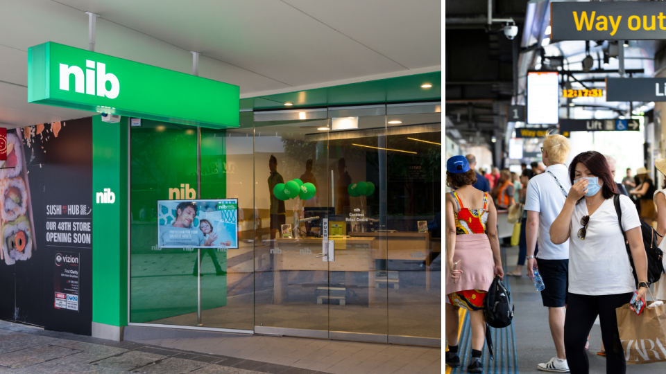 the exterior of an nib building and commuters wearing masks in Sydney.