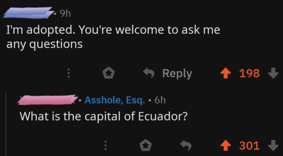 someone sayiing i'm adopted feel free to ask me questions and someone responds what is the capital of ecuador