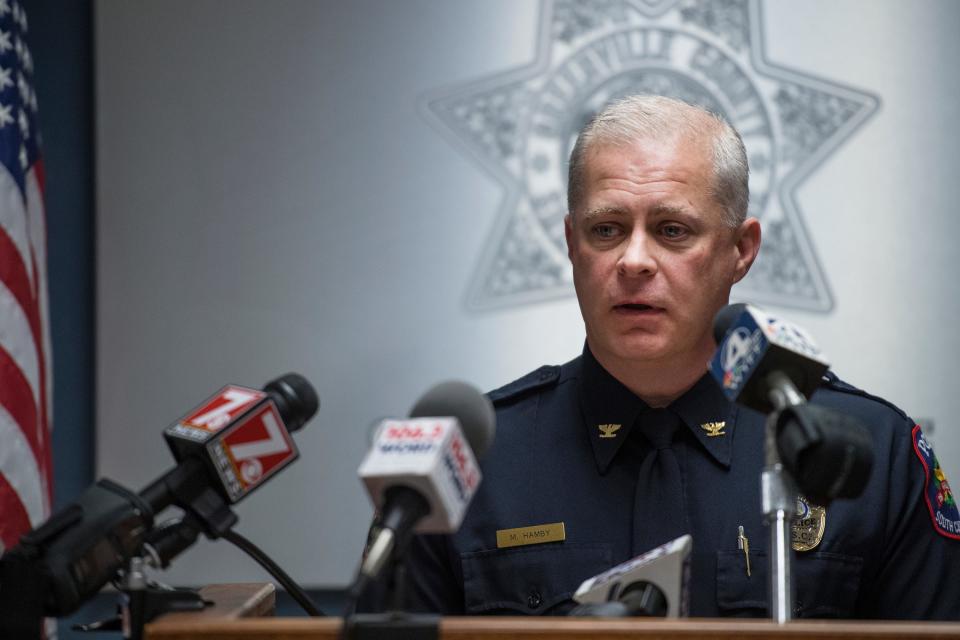 Greer Police Chief Matt Hamby speaks during a press conference to announce the results of operation 'Millstone' at the Law Enforcement Center on Thursday, March 1, 2018. 