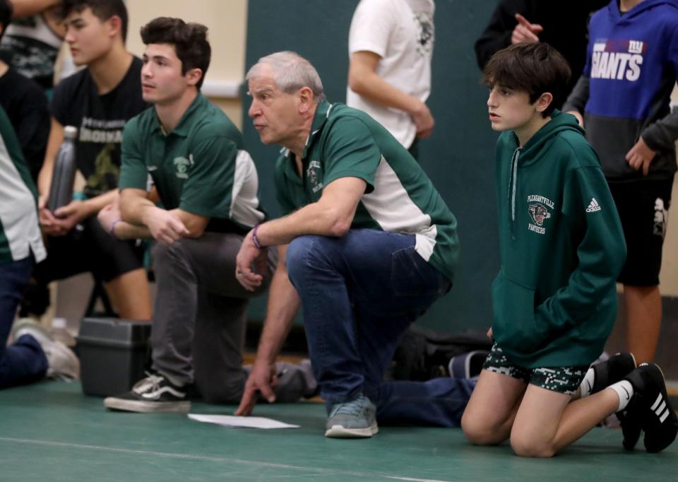 Pleasantville wrestling coach Bob Bernarducci coaches his team during a dual meet at Pleasantville High School Dec. 13, 2022. Bernarducci won his 430th match giving him the most victories of any Section 1 wrestling coach.  