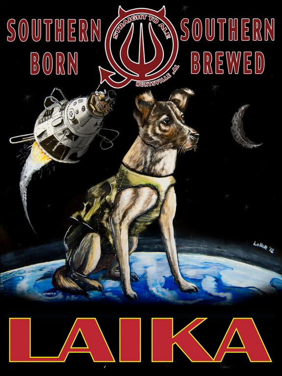 The Huntsville, Alabama, brewing company Straight to Ale incorporates spaceflight into the names of many of its beers. Here, the Laika Russian Imperial Stout, after Laika the dog, who flew in space.