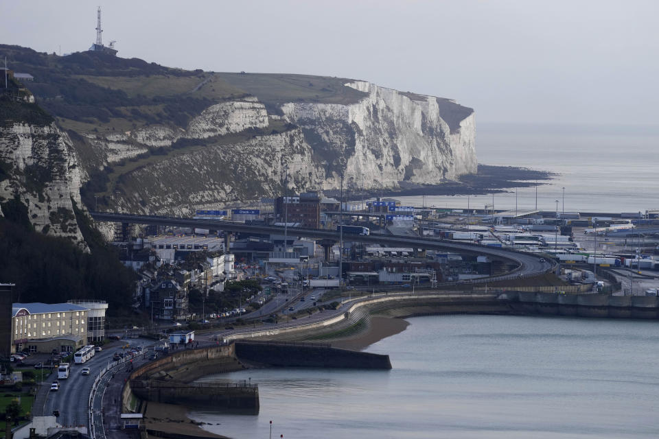 The cliffs of Dover are seen in the early morning after a small boat incident in the English Channel, in Dover, England, Thursday Nov. 25, 2021. On Wednesday migrants bound for Britain died when their boat sank in the English Channel, in what France's interior minister called the biggest migration tragedy on the dangerous crossing to date. (AP Photo/Kirsty Wigglesworth)