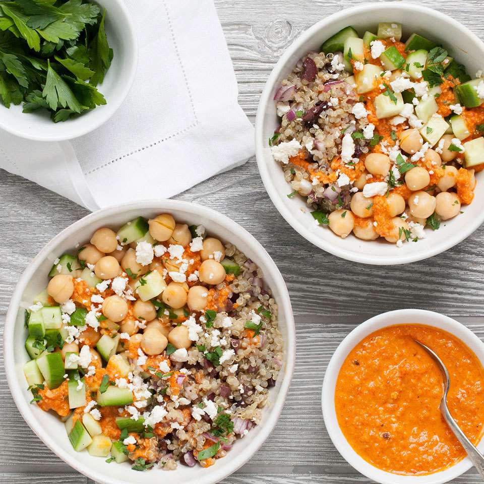 <p>Quinoa and chickpeas pack this vegetarian grain bowl with plenty of plant-based protein. Whip up a batch of these Mediterranean meals and pack in containers with lids to stash in the fridge for easy, healthy grab & go lunches all week long. <a href="https://www.eatingwell.com/recipe/258195/mediterranean-chickpea-quinoa-bowl/" rel="nofollow noopener" target="_blank" data-ylk="slk:View Recipe;elm:context_link;itc:0;sec:content-canvas" class="link ">View Recipe</a></p>