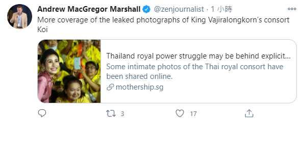   馬歇爾認為皇后跟貴妃為了穩固權力，泰國王室裡的爭鬥只會越來越嚴重。（圖／翻攝自@zenjournalist推特）