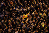 Protestors gather outside the Catalan region's economy ministry building during a raid by Spanish police on government offices, in Barcelona, Spain, September 20, 2017. REUTERS/Susana Vera