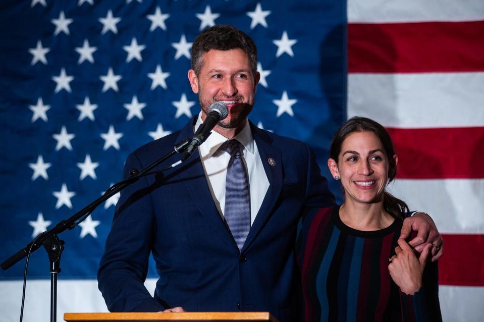 Pat Ryan and his wife announce that his opponent Colin Schmitt had called him and conceded the race at the election night watch party in Kingston, NY on Tuesday, November 8, 2022.