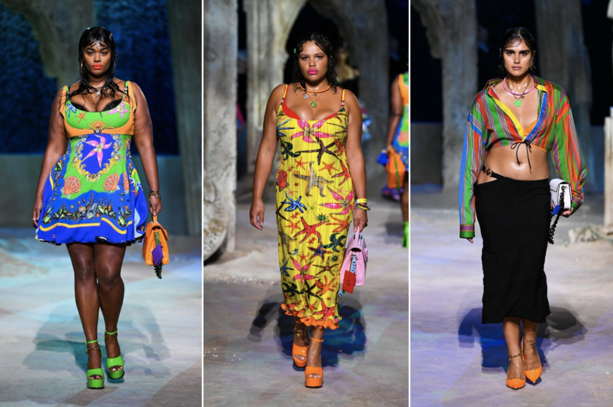 Precious Lee, Alva Claire and Jill Kortleve make history on the Versace runway in Milan. (Photo: Getty Images)