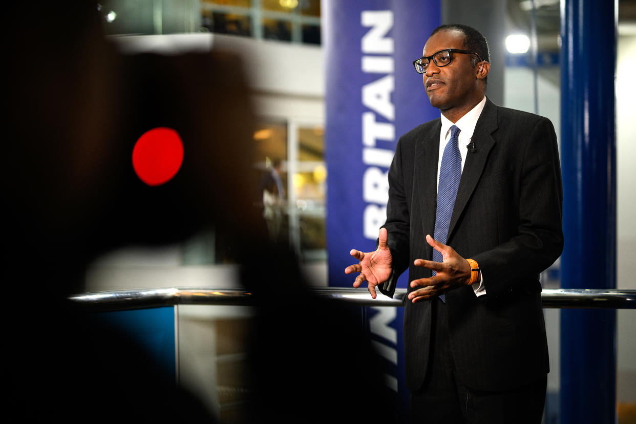 BIRMINGHAM, ENGLAND - OCTOBER 03: Chancellor of the Exchequer Kwasi Kwarteng is interviewed during the morning media rounds on day two of the annual Conservative Party conference on October 03, 2022 in Birmingham, England. The Chancellor confirmed this morning the government would not be proceeding with the recently announced cut to the 45 pence tax rate for top earners. This year the Conservative Party Conference will be looking at 