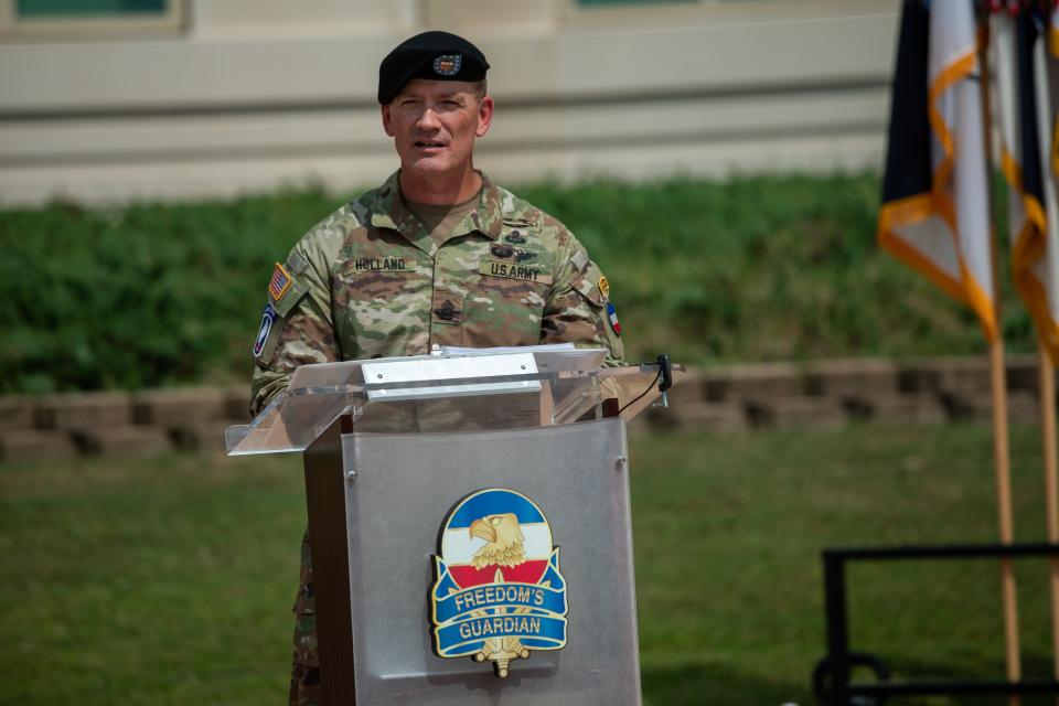 Command Sgt. Maj. T.J. Holland, the incoming command sergeant major of the U.S. Army Forces Command, gives remarks at a change of responsibility ceremony  Friday, Sept.8, 2023, at the FORSCOM headquarters on Fort Liberty.