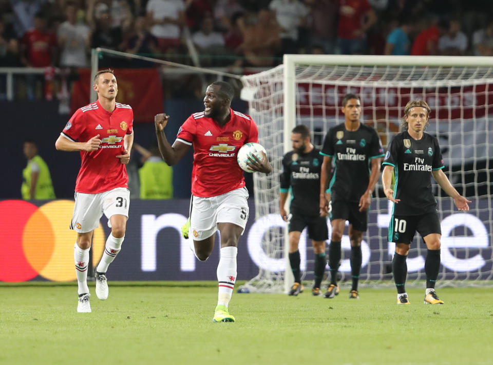 <p>A 2-1 defeat to his former club Real Madrid in the Super Cup at least saw new signing Romelu Lukaku scores the consolation – but the forward didn’t shine under his new boss (Getty) </p>