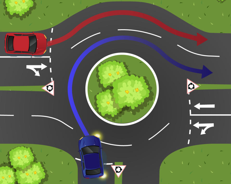 A blue car enters a two lane roundabout as a red car waits.