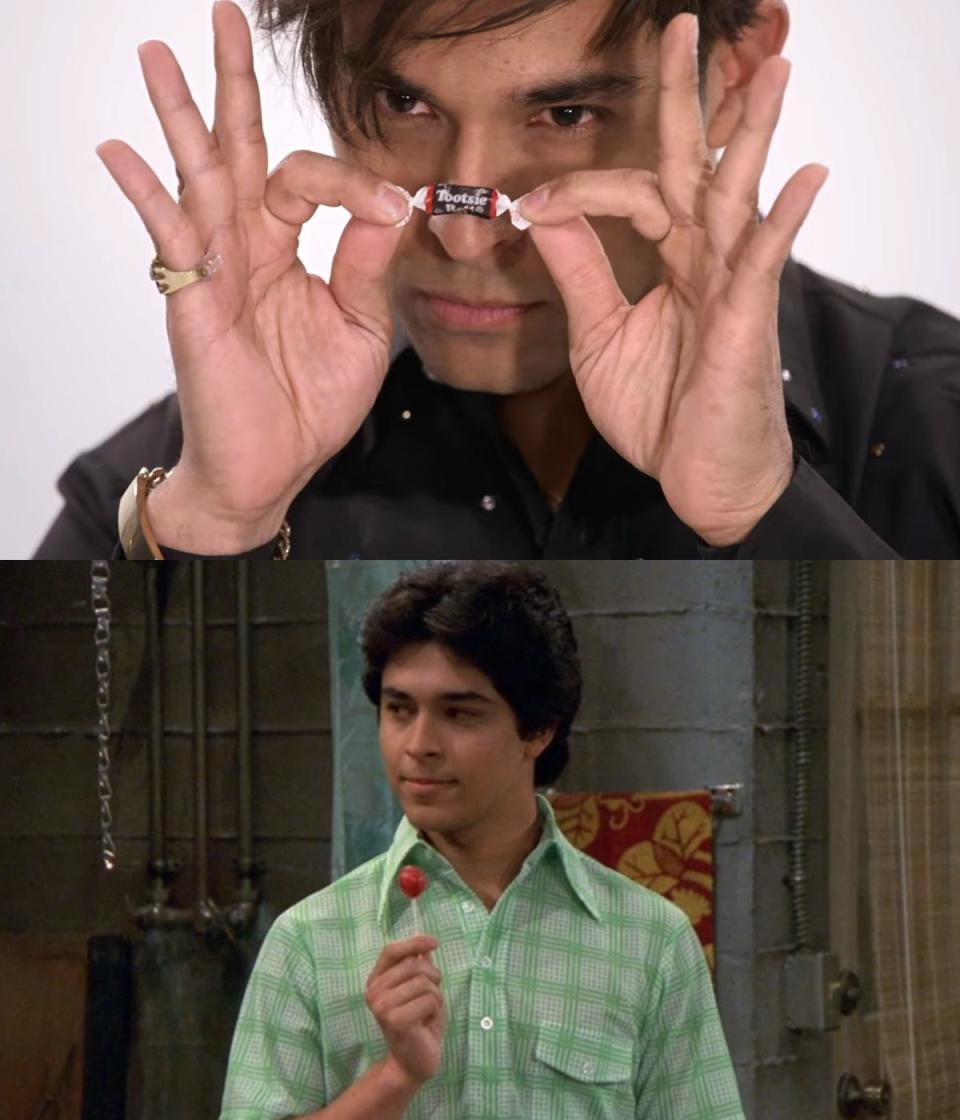 In the top photo: Wilmer Valderrama's Fez holding a Tootsie Roll on season one, episode three of "That '90s Show." In the bottom photo: Fez holding a Tootsie Pop on season two, episode 24 of "That '70s Show."