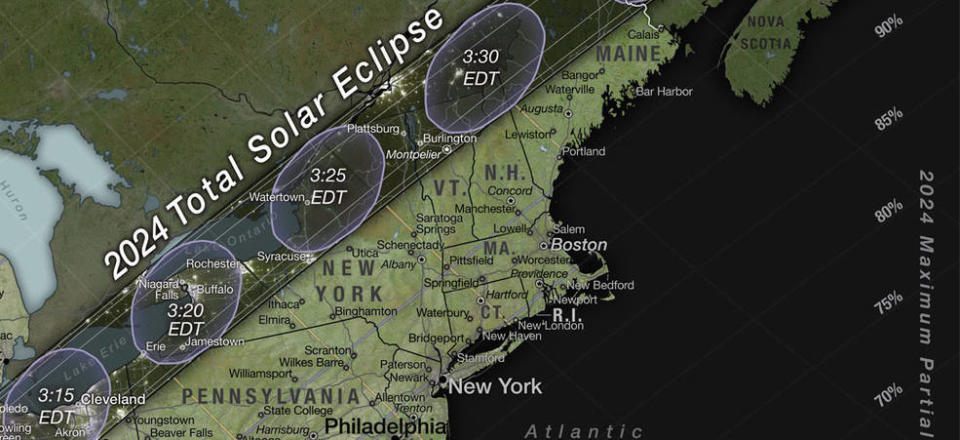 Close ups of a NASA solar eclipse map for October 2023 and April 2024