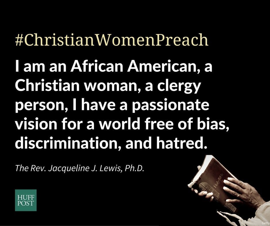 &ldquo;<strong>I am an African American, a Christian woman, a clergy person, I have a passionate vision for a world free of bias, discrimination, and hatred.</strong> I sign my name in honor of the God who called me into ministry, and in honor of my mentor, a Palestinian Jewish Rabbi we have come to call Jesus. I sign my name because men AND women are created in God&rsquo;s image, and all human beings are fearfully and wonderfully made. I sign my name to insist on just treatment for every person. My faith demands it. And our nation requires it.&rdquo;<br />-&nbsp;The Rev. Jacqueline J. Lewis, Ph.D., Senior Minister, Middle Collegiate Church