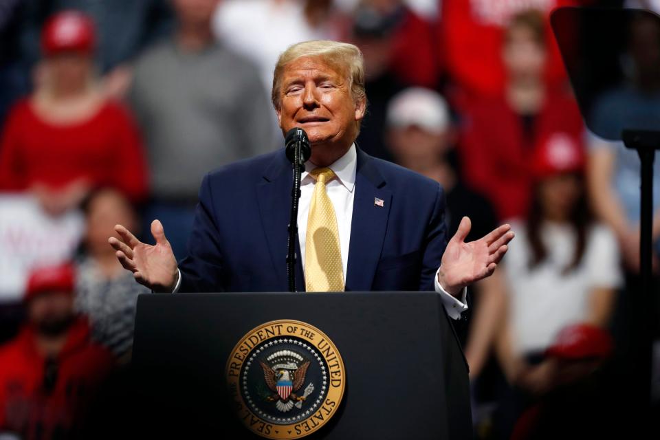 President Donald Trump speaks at a campaign rally Thursday, Feb. 20, 2020, in Colorado Springs, Colo.