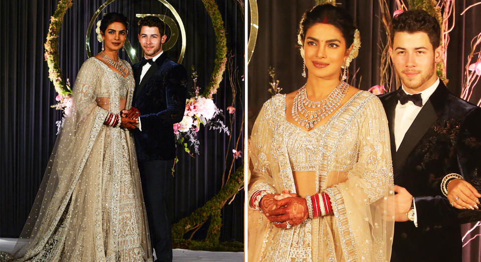 Priyanka Chopra wore a traditional Indian outfit at her wedding reception. [Photo: Getty]