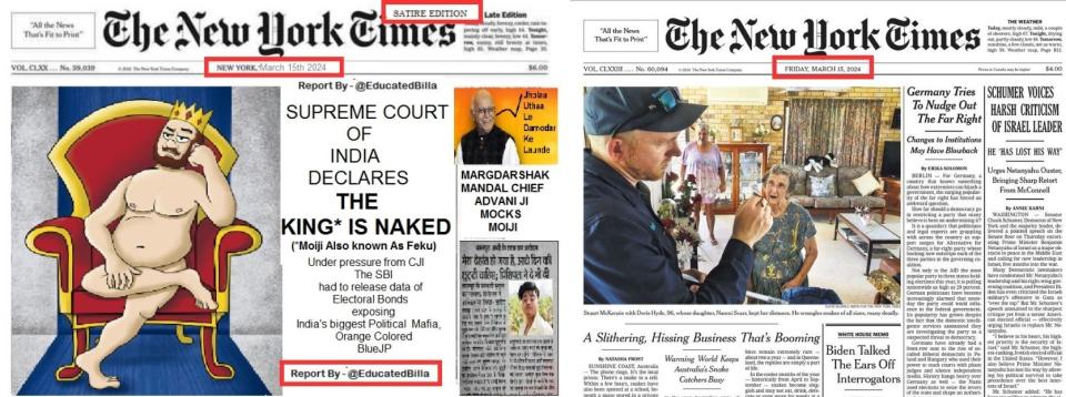 <span>A comparison of the manipulated front page (left) and the original New York Times cover (right)</span>