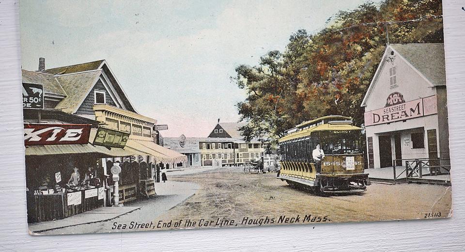 The open trolley line on Sea Street brought hundreds of people to Houghs Neck in the summertime. Small businesses lined the street. The image is from Patti Williams' postcard collection.