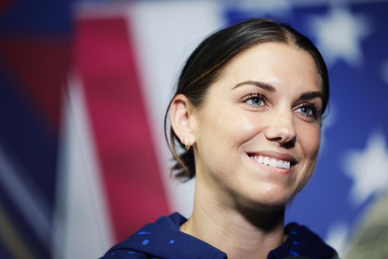 AUCKLAND, NEW ZEALAND - JULY 25: Alex Morgan #13 of the United States speaks during a press conference on July 25, 2023 in Auckland, New Zealand. (Photo by Carmen Mandato/USSF/Getty Images)