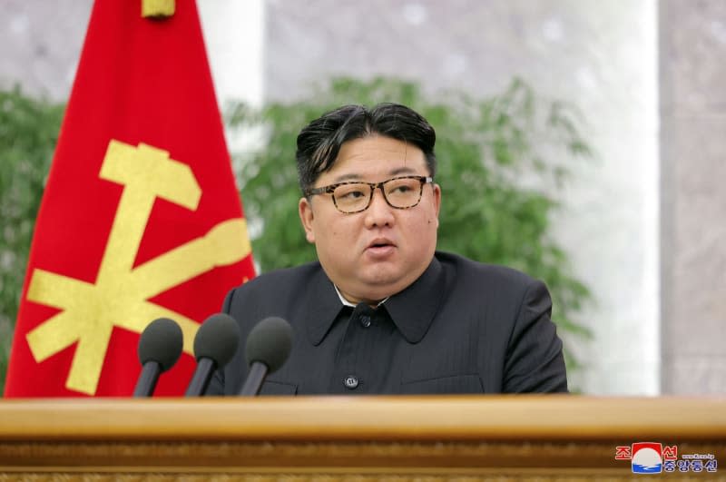 An undated picture released by the North Korean State news Agency (KCNA) on 25 January 2024 shows North Korean leader Kim Jong-un speaking during the 19th enlarged meeting of the political bureau of the 8th Central Committee of the Workers' Party. -/KCNA via YNA/dpa