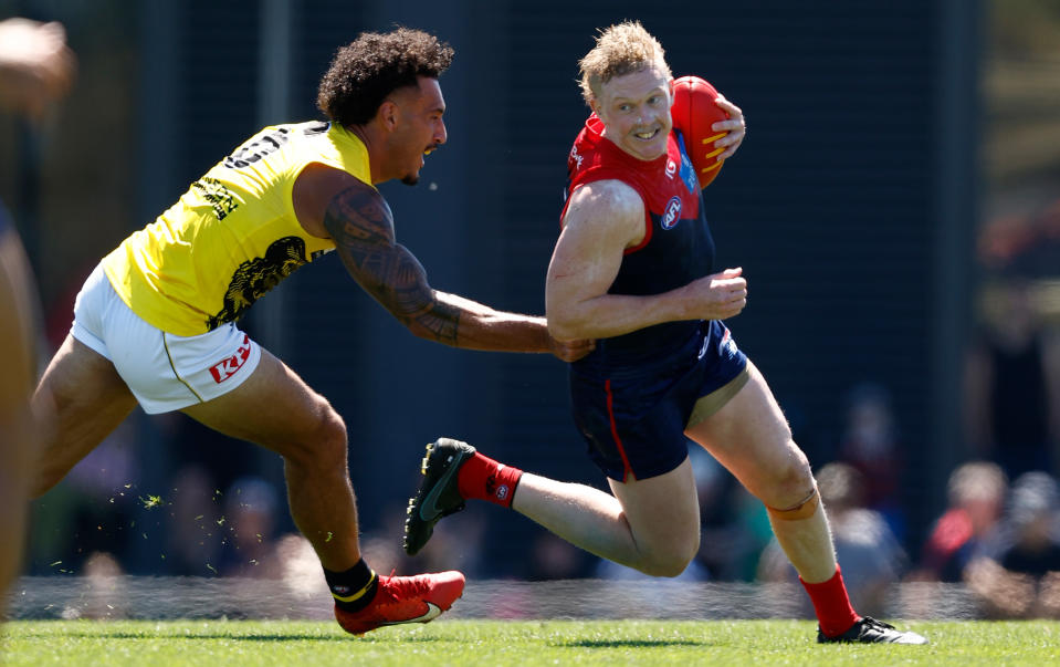 MELBOURNE, AUSTRALIA - FEBRUARY 18: Clayton Oliver of the Demons in action during the AFL 2024 Match Simulation between Melbourne and Richmond at Casey Fields on February 18, 2024 in Melbourne, Australia. (Photo by Michael Willson/AFL Photos via Getty Images)