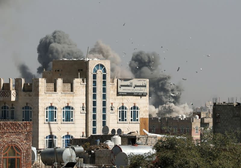 Smoke billows from the sites of Saudi-led air strikes in Sanaa