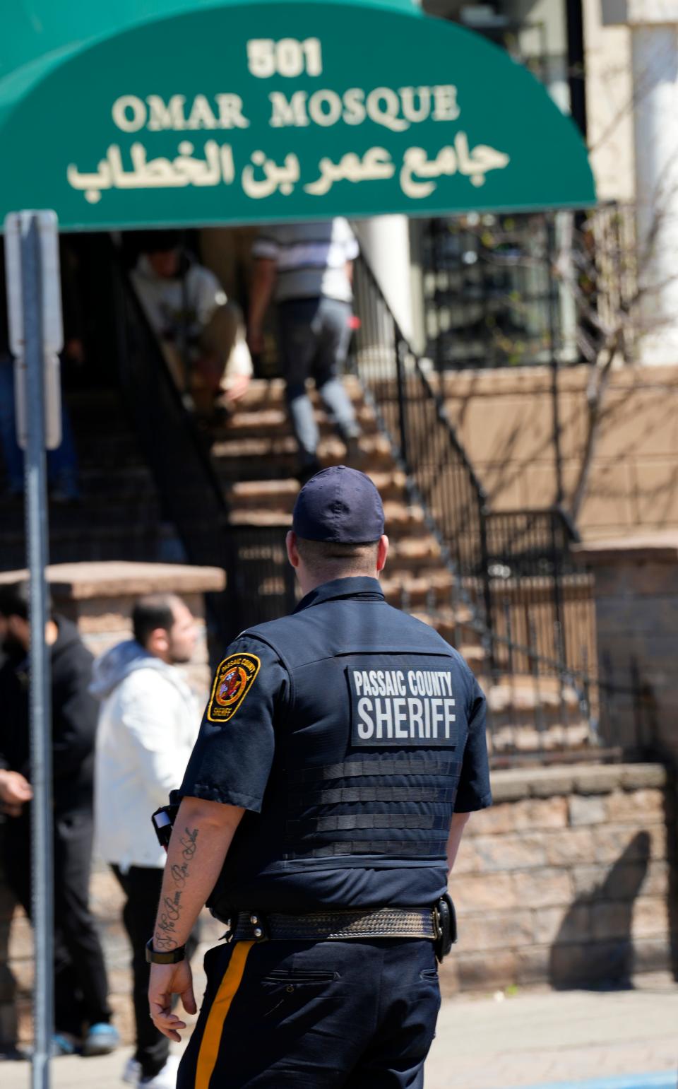 Extra security could be seen outside Omar Mosque, Sunday afternoon, after an imam was stabbed there earlier in the day. Sunday, April 9, 2023 